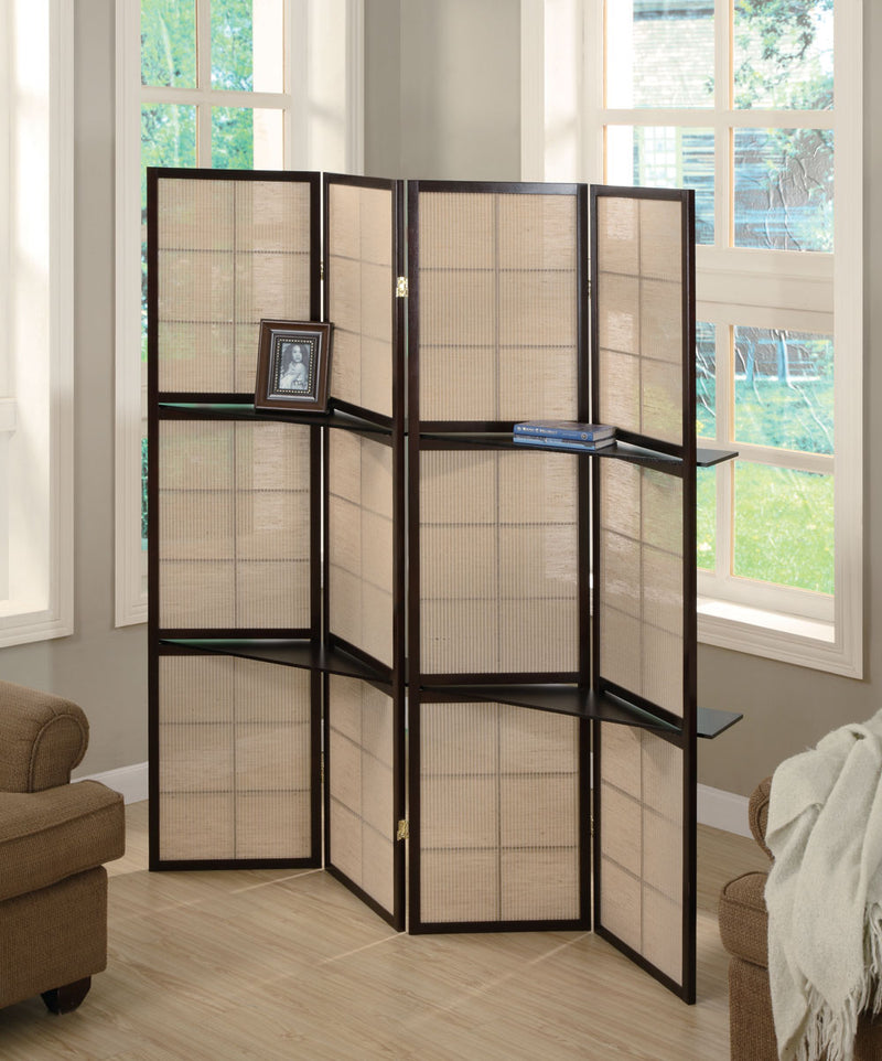 Iggy 4-panel Folding Screen with Removable Shelves Tan and Cappuccino - Town Of Bargains Furniture - NY
