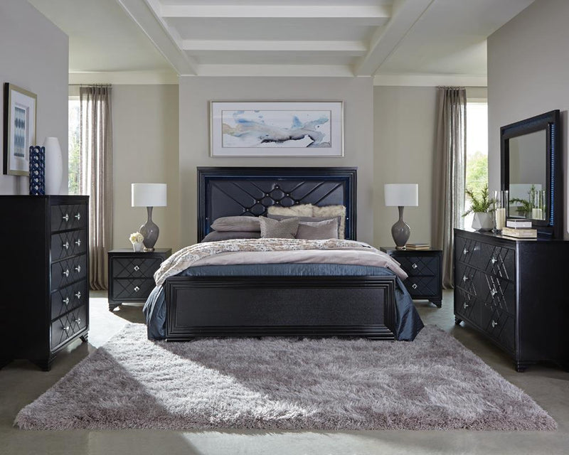 Penelope Queen Bed with LED Lighting Black and Midnight Star - Town Of Bargains Furniture - NY