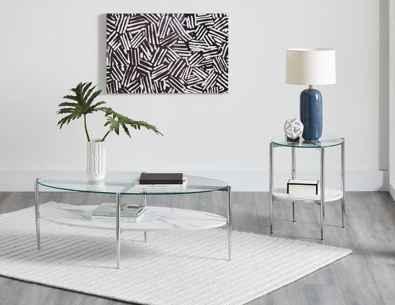 Cadee Round Glass Top Coffee Table White and Chrome - Town Of Bargains Furniture - NY