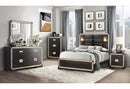 BLAKE BLACK/GOLD KING BED WITH LAMPS, DRESSER, MIRROR, 2 NIGHTSTAND