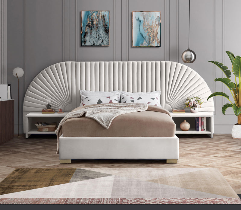 Cleo Cream Velvet Queen Bed (3 Boxes) - Town Of Bargains Furniture - NY