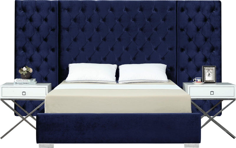 Grande Navy Velvet Queen Bed (3 Boxes) - Town Of Bargains Furniture - NY
