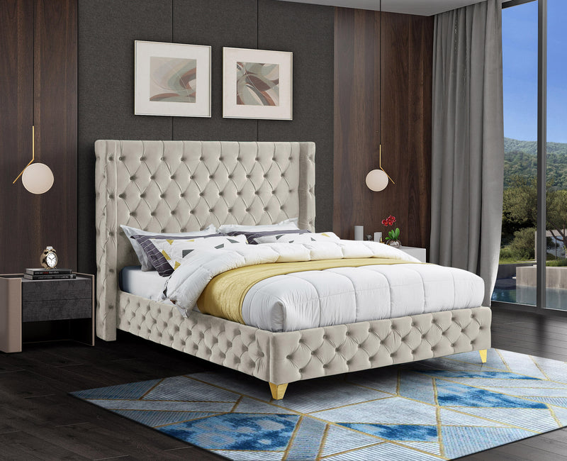 Savan Cream Velvet Queen Bed - Town Of Bargains Furniture - NY