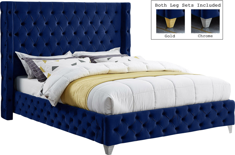 Savan Navy Velvet Queen Bed - Town Of Bargains Furniture - NY