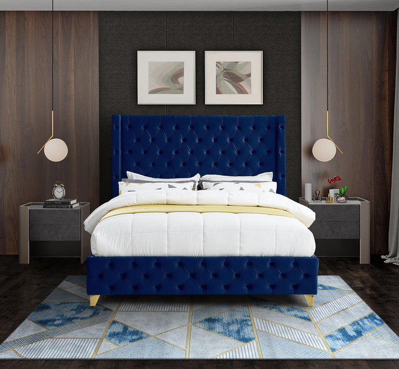 Savan Navy Velvet Queen Bed - Town Of Bargains Furniture - NY