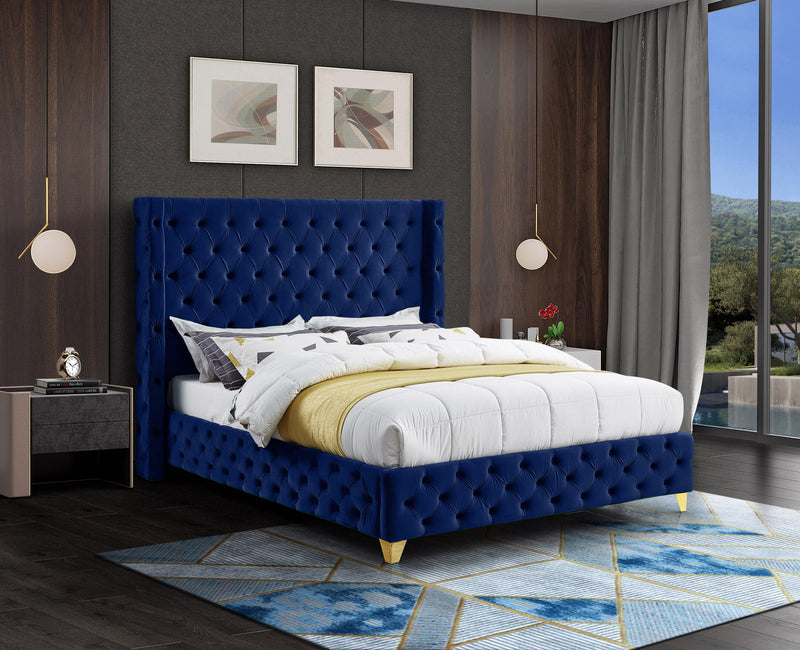 Savan Navy Velvet Queen Bed - Town Of Bargains Furniture - NY