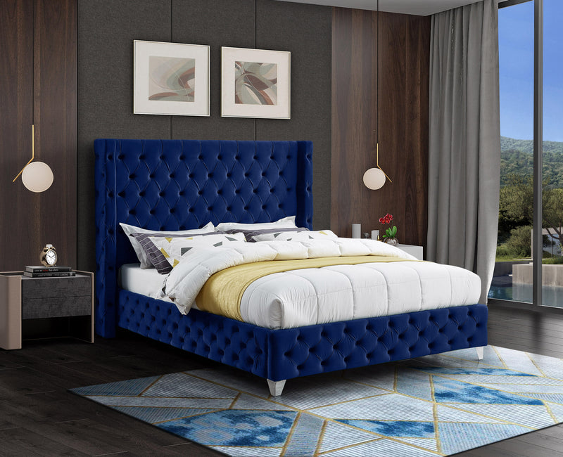 Savan Navy Velvet Queen Bed - Town Of Bargains Furniture - NY